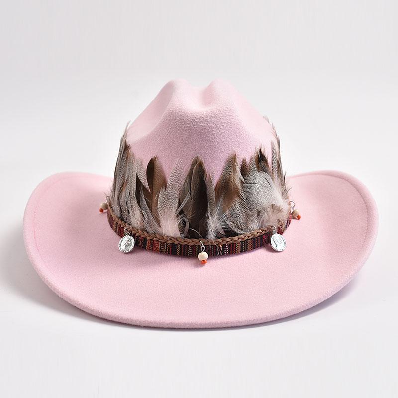 New Vintage Feather Decoration Western Cowboy Hats for Men Women Fashion Wide Brim Church Jazz Hat Sombrero Hombre Caps