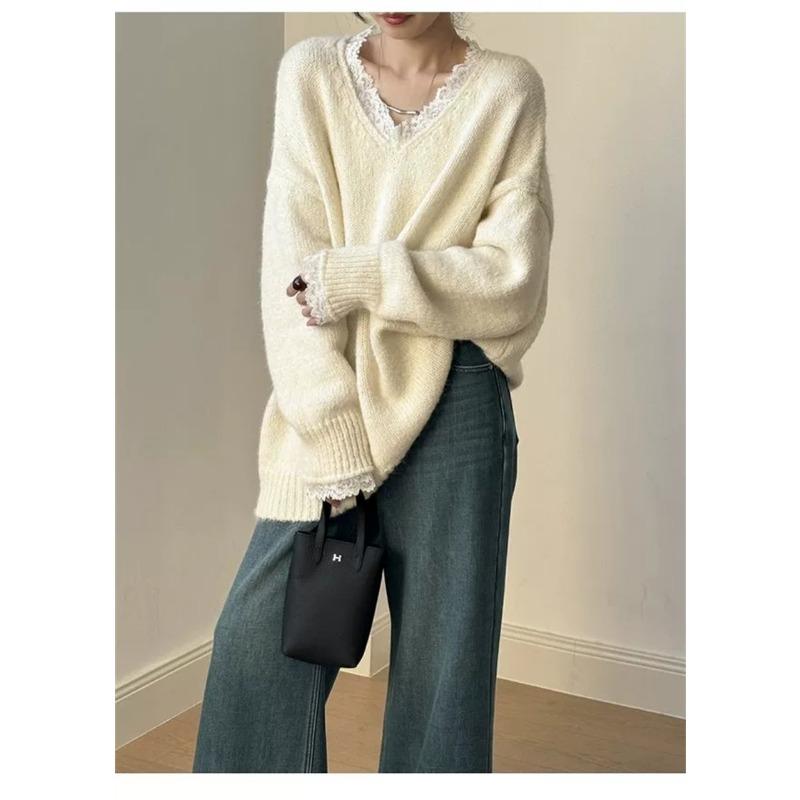 New Korean Fashion Lace Patchwork Pullover Loose Sweater Women Knitted Casual Versatile Tops Autumn and Winter V Neck Long Sleeve Solid Color Clothes