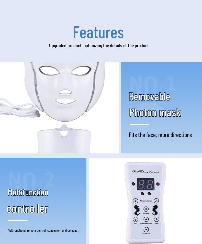 LED Beauty Instrument: Seven-Color Light Therapy Mask for Facial and Neck Skincare