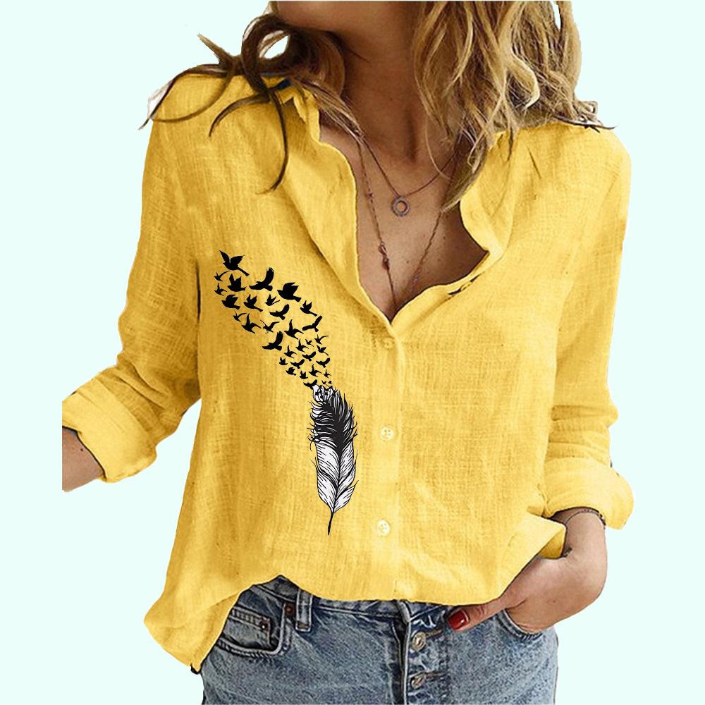 Women Fashion Cotton Linen Thin Shirt Ladies Casual Flower Print Blouse