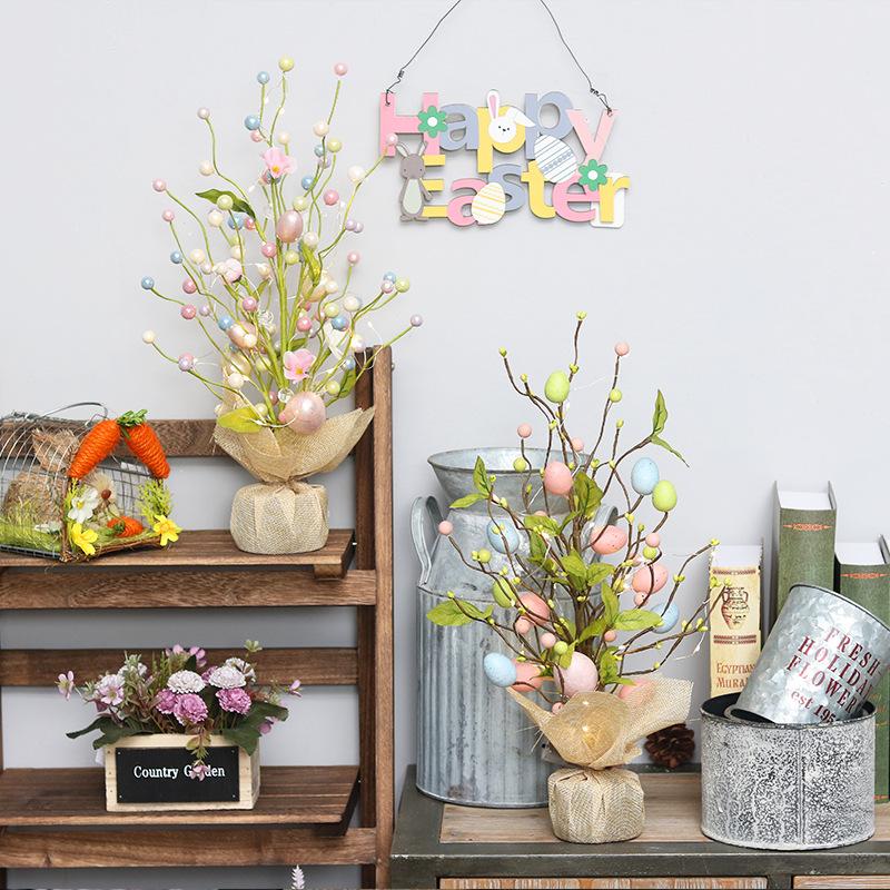 45cm Easter Egg Tree Branch with LED Lights Decora Colorful Painting Desktop Eggs DIYEgg Artificial Flower for 2025 Easter Party
