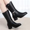Fashion Comfortable Soft Leather Boots Mid Leg Motorcycle Boots Winter 2024 Med Block Heels Plush Fur Mom Elegant  Non-slip Shoes