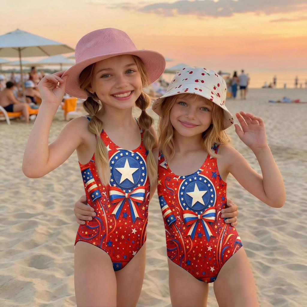 Mädchen Badeanzug Einteiler Unabhängigkeitstag Print Ärmellos Lässig Badebekleidung für Kinder Sommer Strand Pool Kleidung
