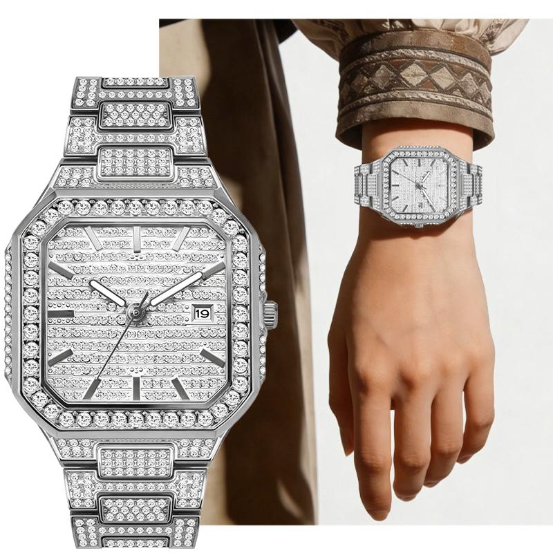 Luxury Full Diamond Watch Men Sparkling Rhinestone Dial Stainless Steel Bracelet Women Elegant Bling Dress Watch