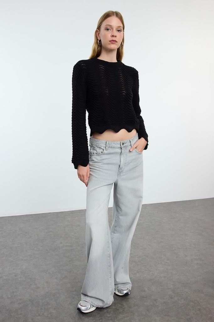 Women's Fashionable Stylish Sweater Black Crop Openwork Hole Crew Neck Knitwear Sweater