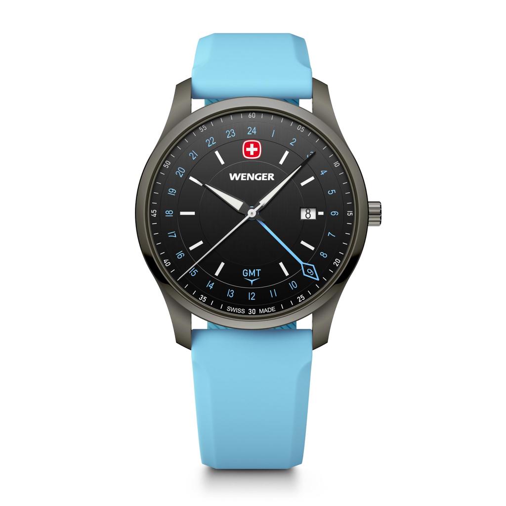 WENGER CITY GMT Watch Men's Black Stainless Steel Case Silicone Strap Quartz 50m Water Resistant 01.1442.103