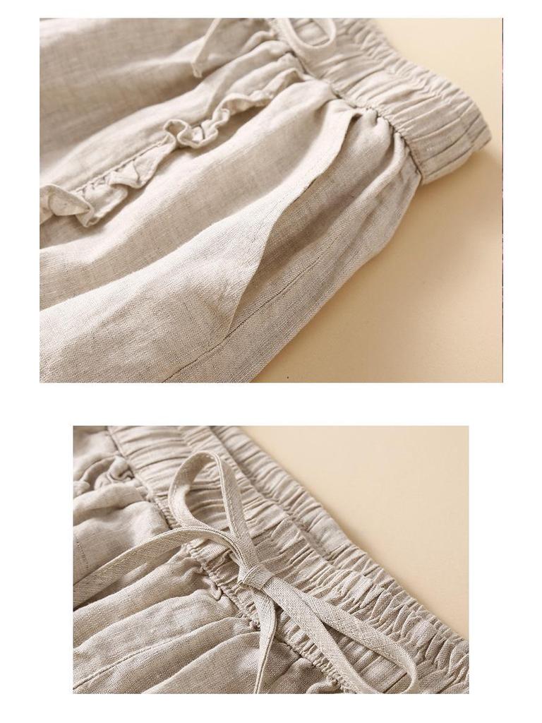 Women's Summer 2024 Retro Cotton Linen Ruffle Wide-Leg Shorts - Casual, Loose Mid-Length.