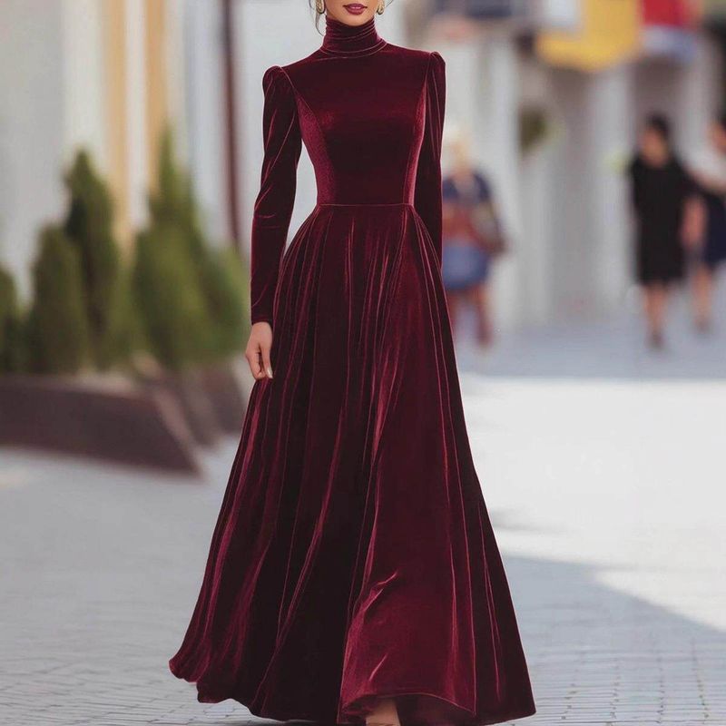 

Золотое Бархатное Платье с Высоким Воротником, Пышными Рукавами и Поясом Caramel [Spot] L