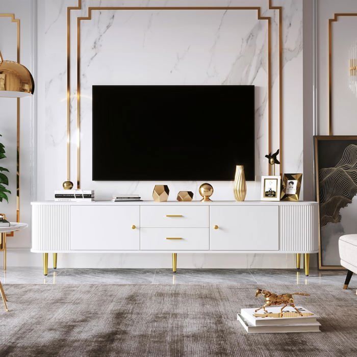 Lemonbest Modern 170 Cm TV Stand with Drawers and Wavy Sides Curved Edges, Low TV Cabinet with Handles and Golden Feet - White