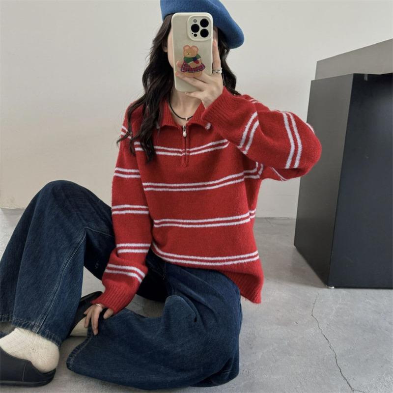 

Soft waxy contrasting color striped half zipper lapel pullover sweater women s autumn and winter new versatile knitted sweater top women One size червоний
