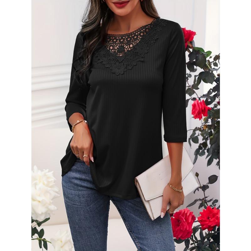 

Жіночий літній елегантний вільний топ з довгими рукавами з мереживом і подолом у стилі печворк XXL чорний
