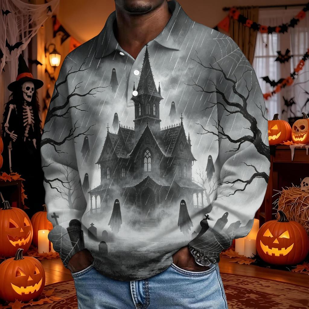 Men's Halloween Long Sleeve Button Up Shirt for Party and Casual Wear