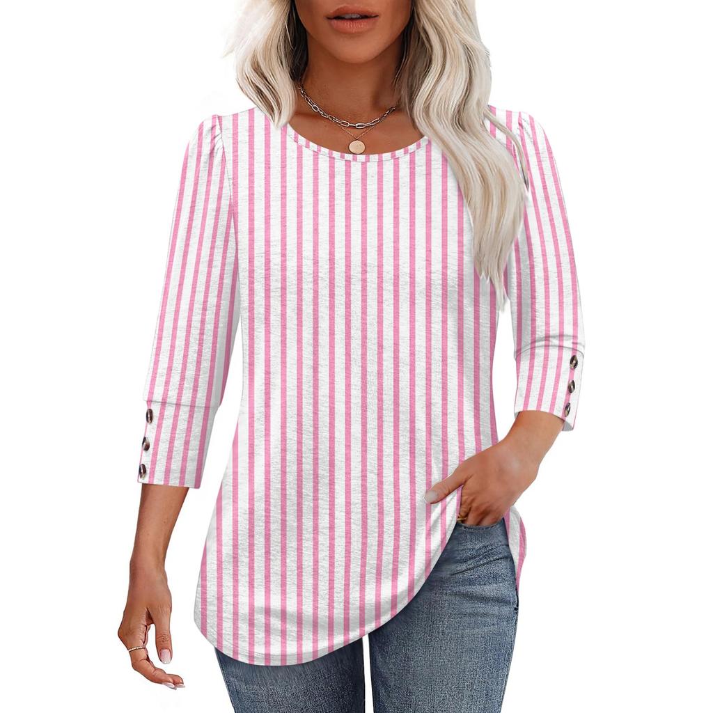 Women Casual Loose Fit Round Neck Three Quarter Sleeve Striped Blouse Button Detail Lightweight Top for Everyday Wear