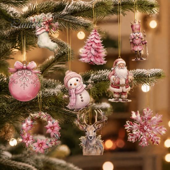 Christmas Tree Baubles 12/24/36Pcs Pink Wooden Ornaments Set, Snowman Santa Hanging Aesthetic Decors, Xtmas Hanigings with Ropes for Home Decor