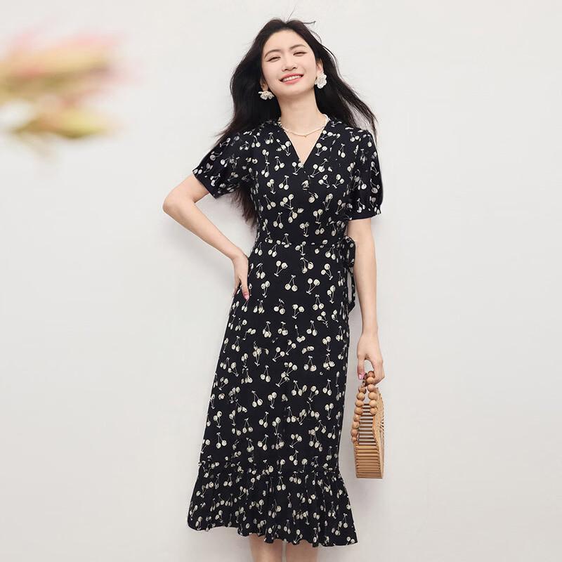 SLLSKY Retro Floral V-Neck Wrap Dress L