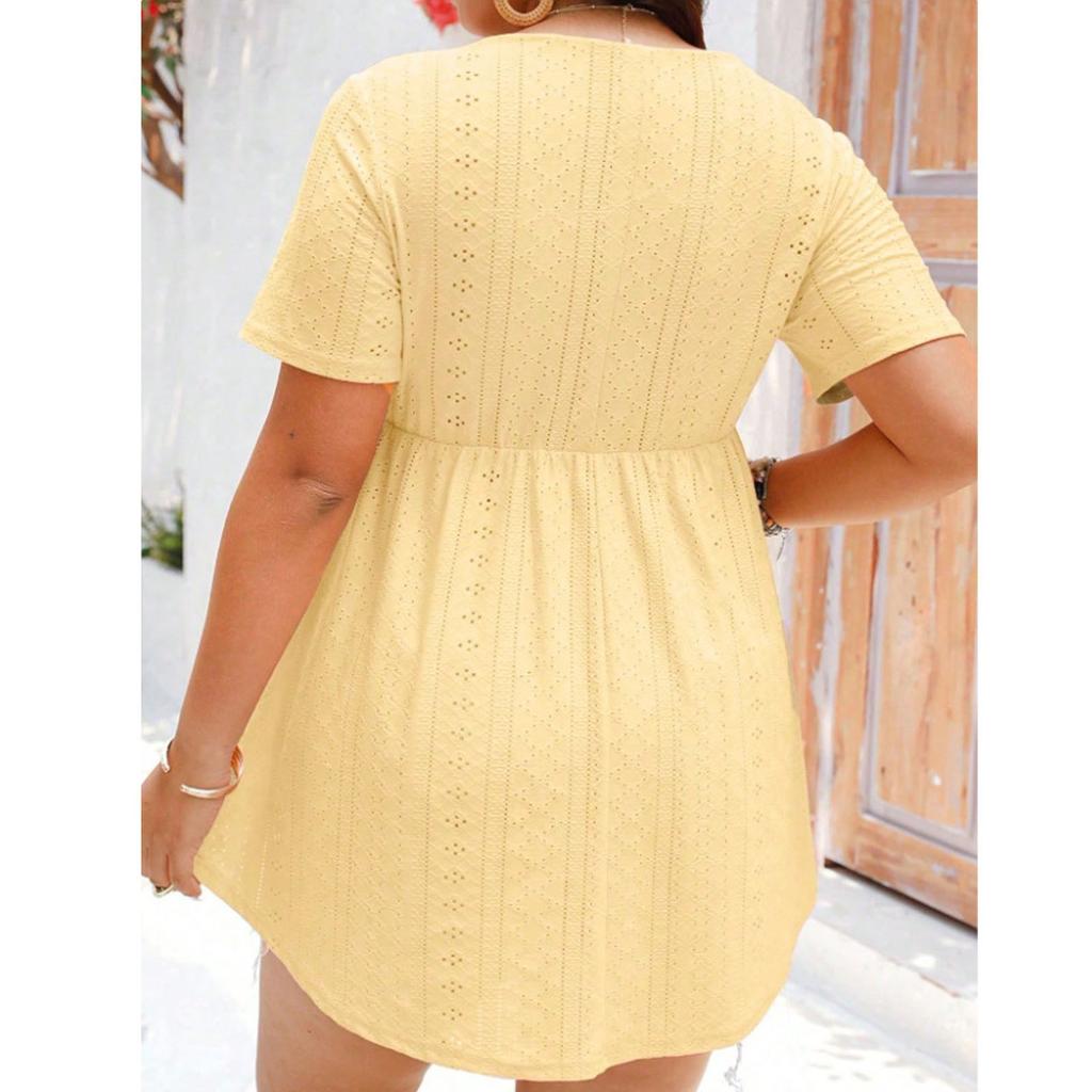 Women's Plus Size Casual Loose Round Neck Short Sleeved Pleated Button Irregular Hem Top