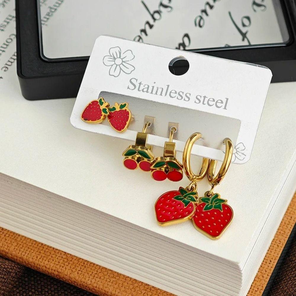 6Pcs Stainless Steel Cherry Strawberry Earrings Red Earrings Fashion Stud Earrings Women