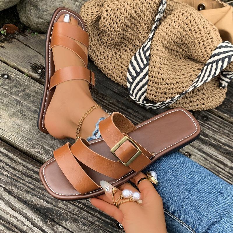 Women's Buckle Flat Slipper Peep Toe Retro Style Beach Sandal