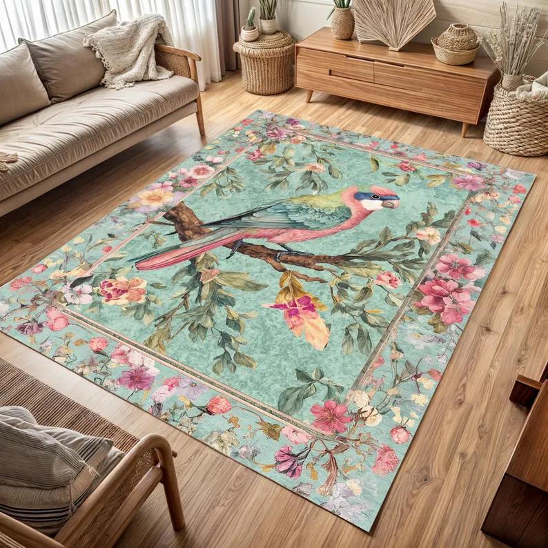 Retro Botanical Bird Area Rug Colorful