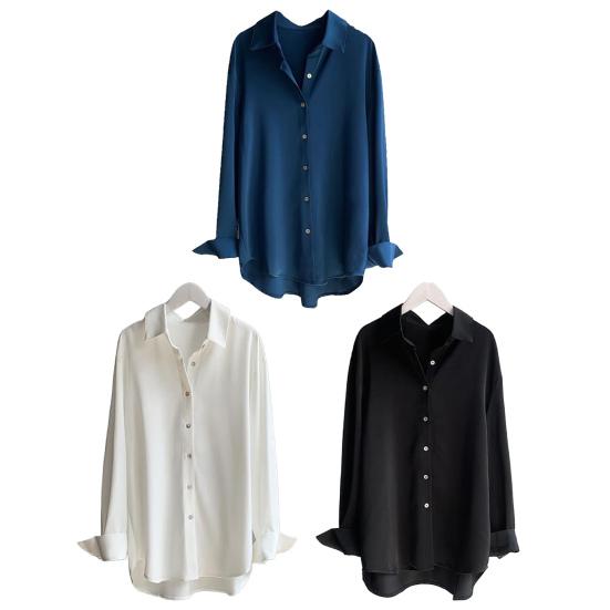 Women Shirt Lapel Long Sleeve Buttons Placket Casual Shirt Solid Color Commuter