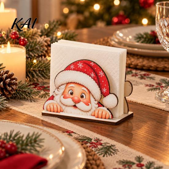 Decorative Paper Holder Wooden Christmas Napkin Holder, Cute Gingerbread Elk Santa Standing Tissue Dispenser, Stable Rack Farmhouse Cocktail Serviette