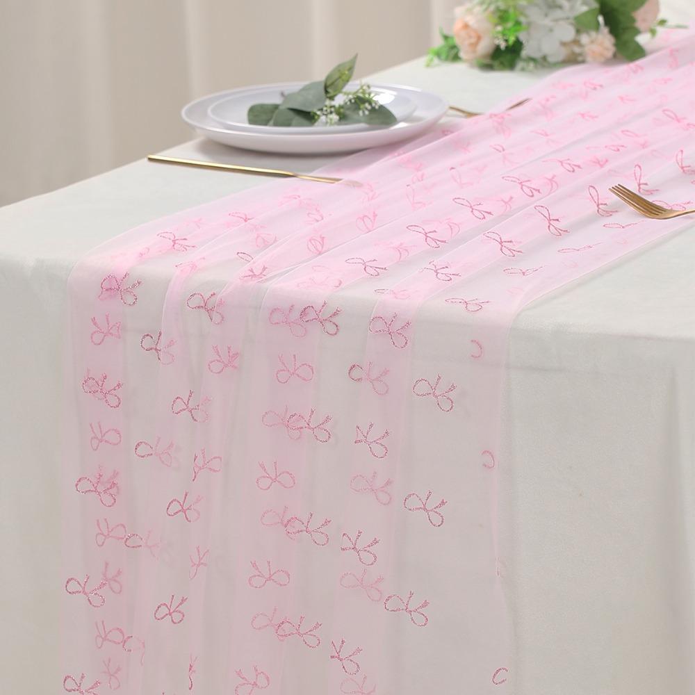 Cute Pink Bow Theme Table Runner Tulle Elegant Table Flag Cover Soft Sheer Tablecloth Birthday Decoration