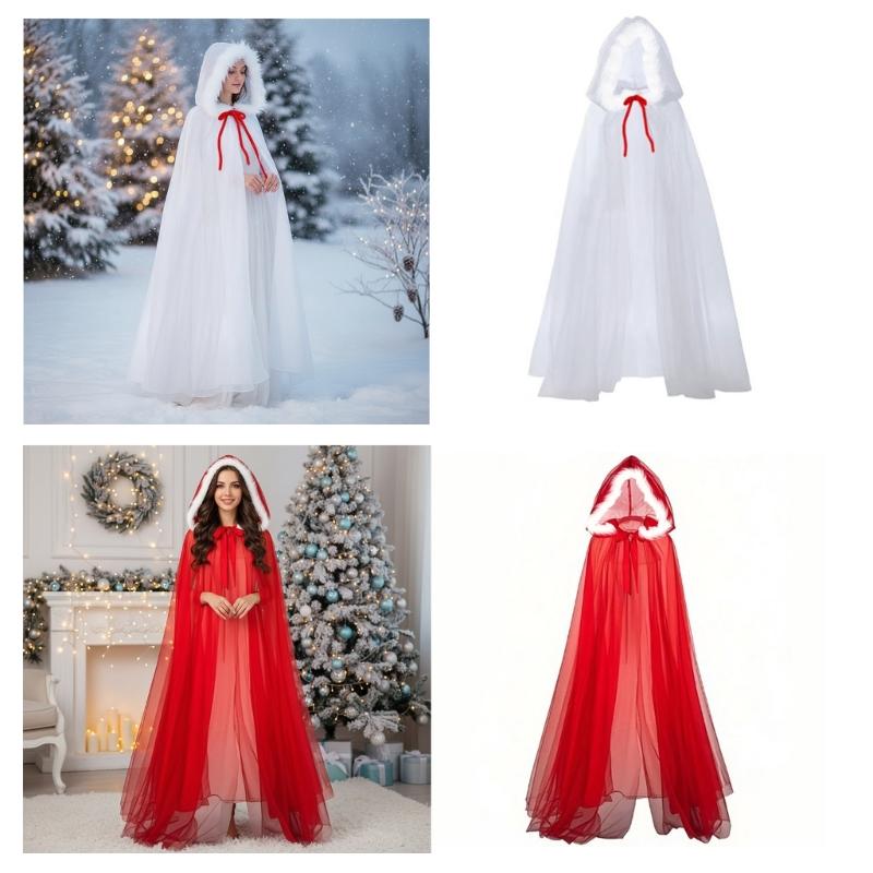 Mesh Hooded Cloak Robe Mrs Santa Clauses Costume Cape Halloween Christmas Costumes for Women Girls Wizard Robe Gifts