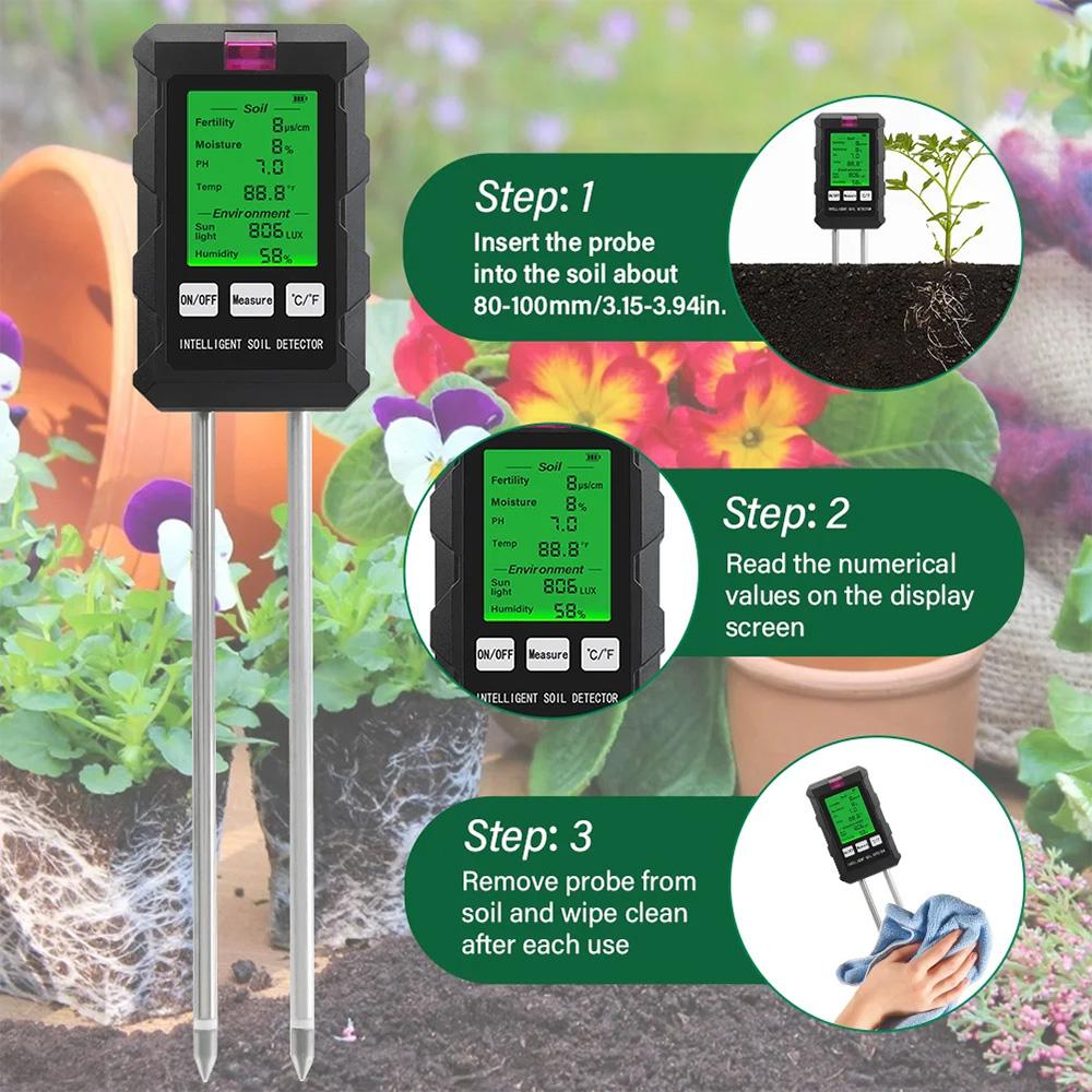 6-in-1 Intelligent Soil Tester with Dual Probe Digital Backlit Display Screen Temperature Humidity