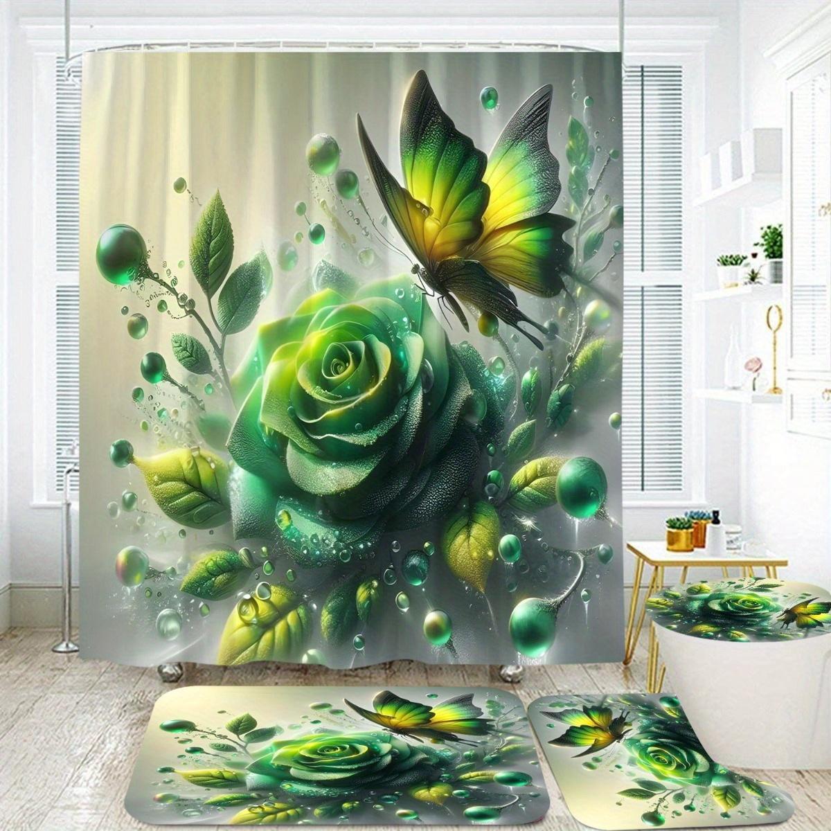 

4Pcs Bathroom Shower Curtain Set Green Rose Butterfly Bathroom Curtain With 12 Hooks Non Slip Rugs Toilet Cover Mat Bathroom Partition 4Pcs Set