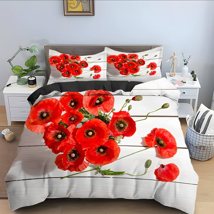 Red Floral Duvet Cover Poppy Flowers Print Comforter Cover for Girls Teens Flower Bedding Set Botanical Branches Bedspread Cover