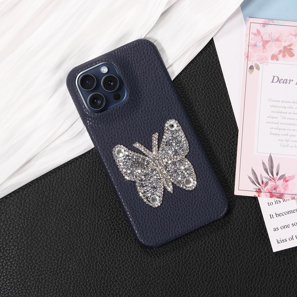 Faux Leather Diamond Butterfly Pattern Phone Case For IPhone16 15 14 13 12 11Pro Pro Max Plus XS Max7 8 Series Drop-proof Case