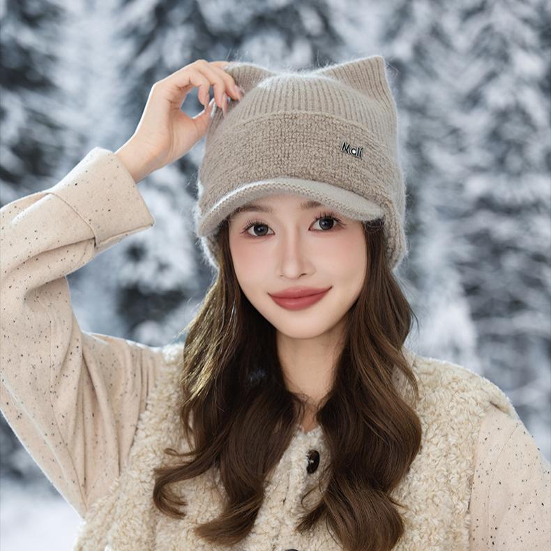Winter Cat Ear Hat Women's Fleece Thickened Cold-proof Wool Hat Warm Ear Protection Knitted Casual Cap