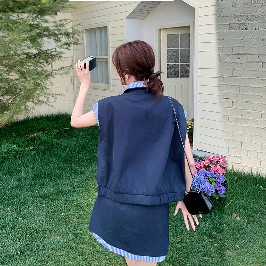Tooling suit skirt women's summer new casual striped splicing shirt short skirt two-piece set
