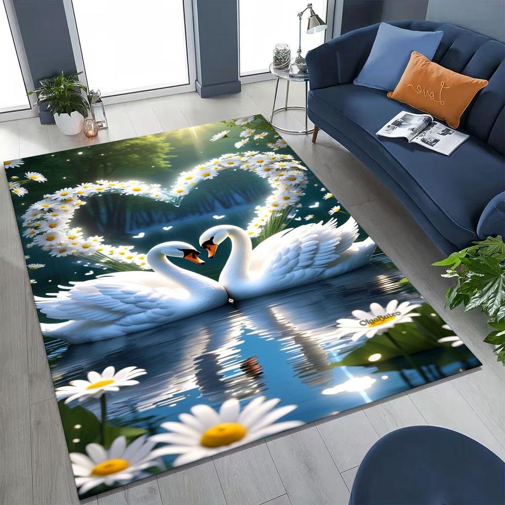 Traum Liebe Schwan Kunst Cartoon Teppich für Schlafzimmer Wohnzimmer Sofa Zuhause Fußmatte Dekor, Große Kinder Spiel Rutschfeste Bodenmatte Geschenk