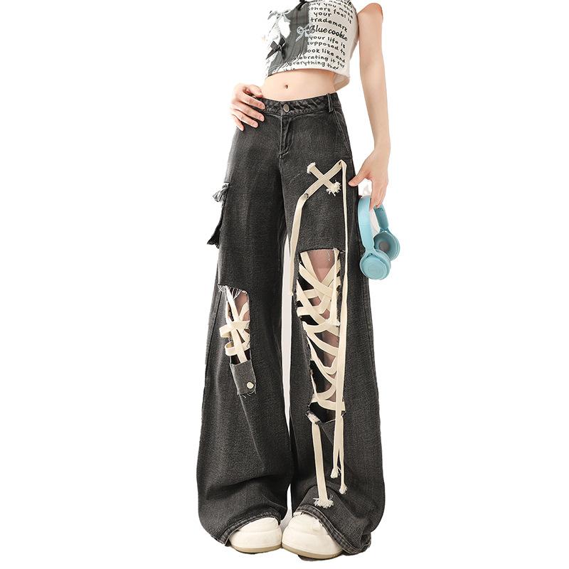 

Американские рваные джинсы с черной завязкой и высокой талией для женщин. Тонкая рабочая одежда. Широкие свободные брюки. Прямые брюки. L чёрный