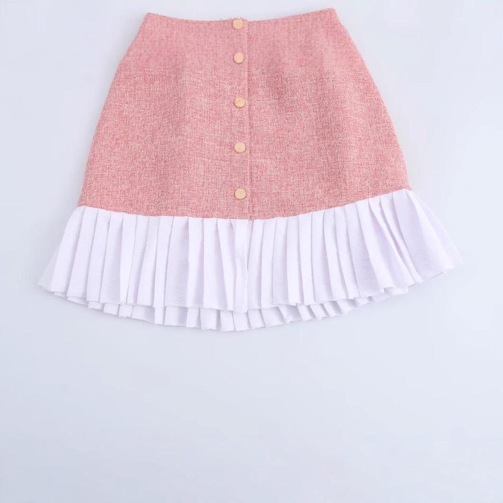 2025 Spring Women's European-American Tweed Patchwork Halter Dress with Pleated Hem