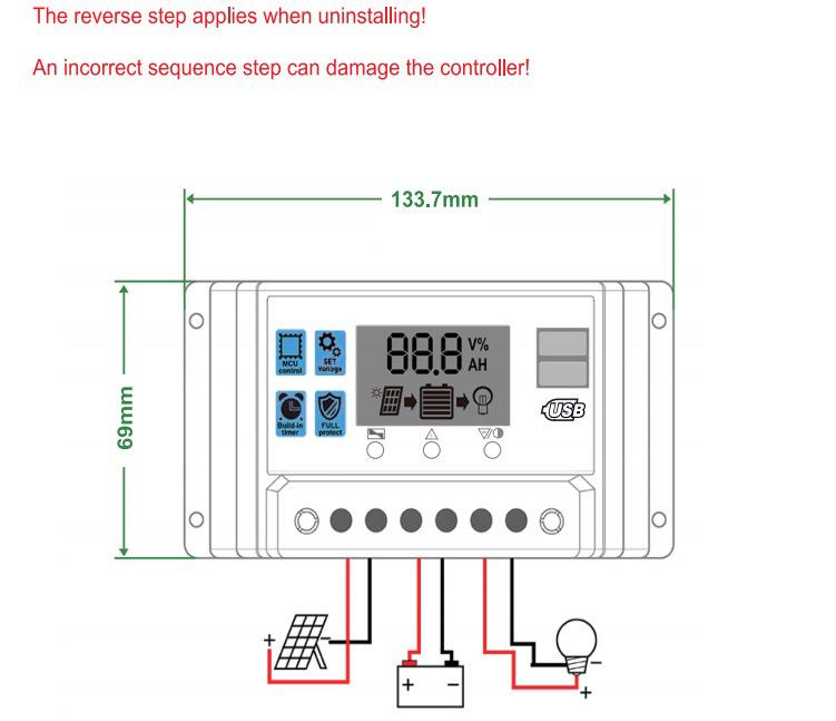 12V/24V Solar Charge Controller with LCD, Lithium-Iron-Lead Acid Compatible, PWM Photovoltaic