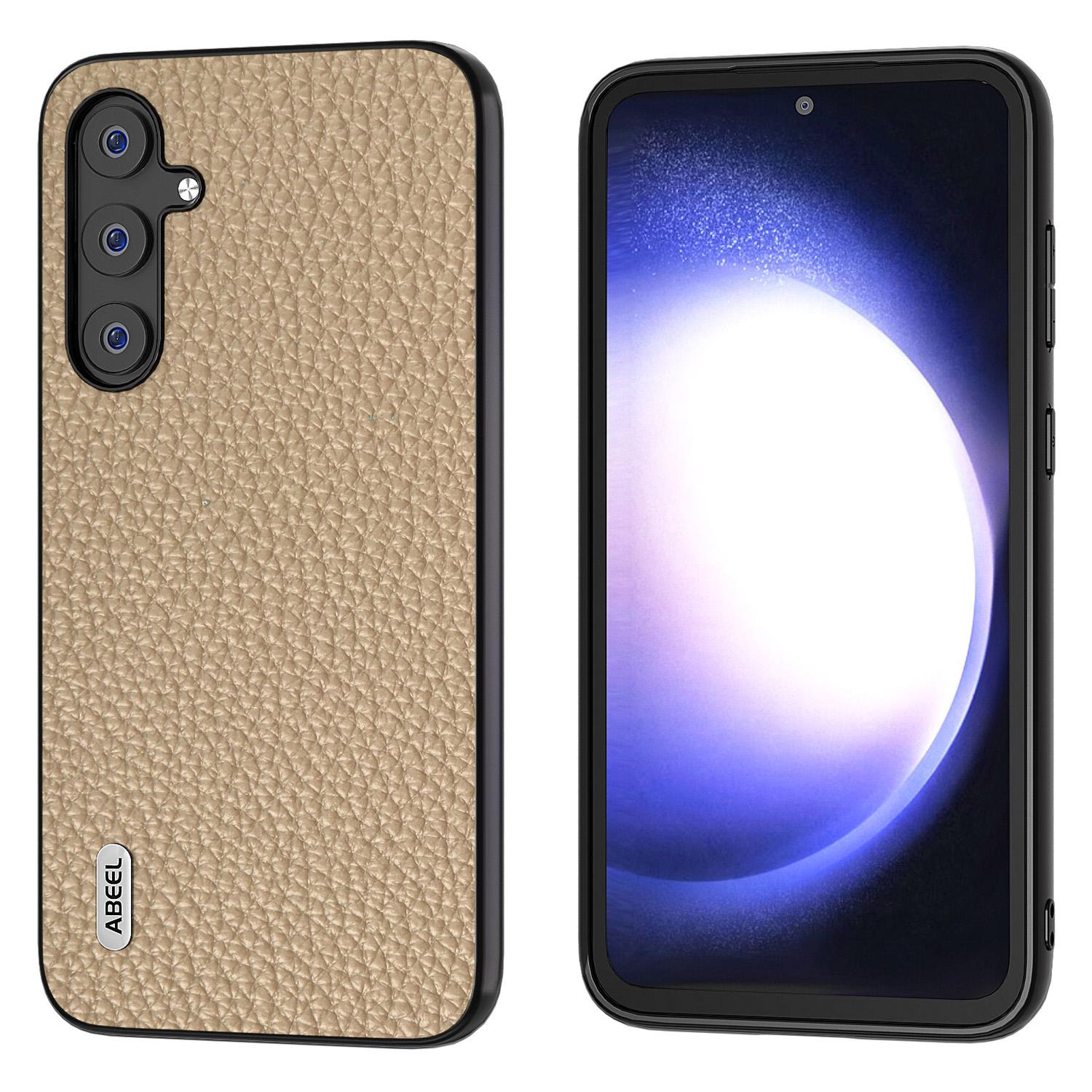 

ABEEL For Samsung Galaxy S23 FE Phone Cover Litchi Texture Cowhide Leather Coated PC+TPU Case Khaki