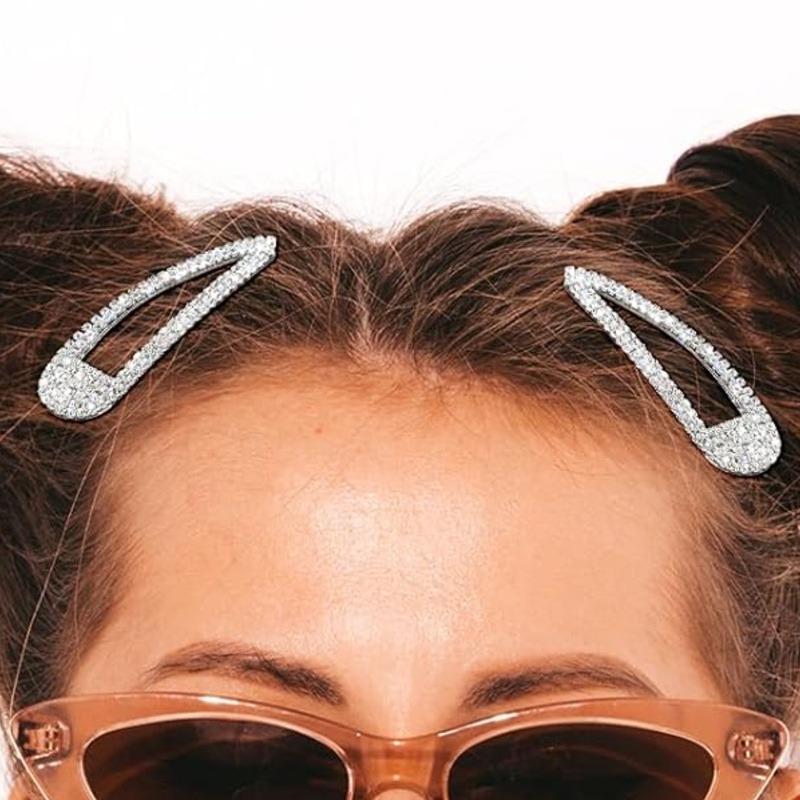 2pcs Rhinestone Metal Snap Hair Clips, Shiny Crystal Duckbill Clips, Fashion Bangs & Broken Hair Barrettes, Perfect for Party & Valentine's Day