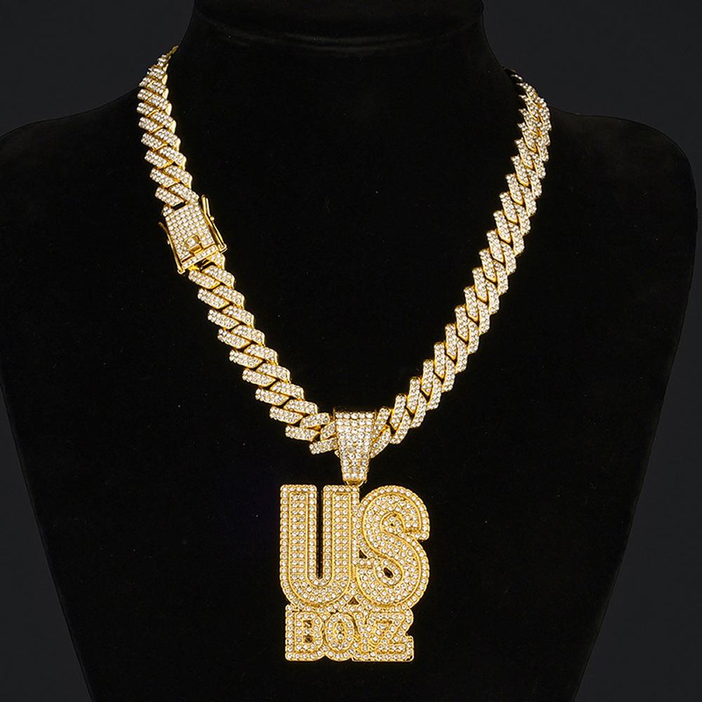 Men's Rhinestone US Boys Letter Pendant Necklace With 13mm Iced Out Bling Square Cuban Chain Charm Fashion Hip Hop Men Jewelry