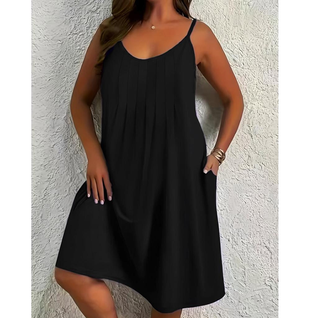 Women's Plus Size Casual Color Round Neck Sleeveless Pleated Camisole With Pocket Dress
