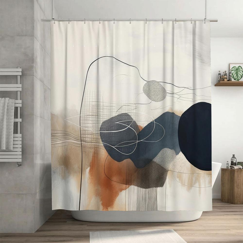 Artistic Black White Shower Curtain for Bathroom Decor Geometric Design in Beige, Brown, Grey Navy Blue Colors (180 x 240 cm)