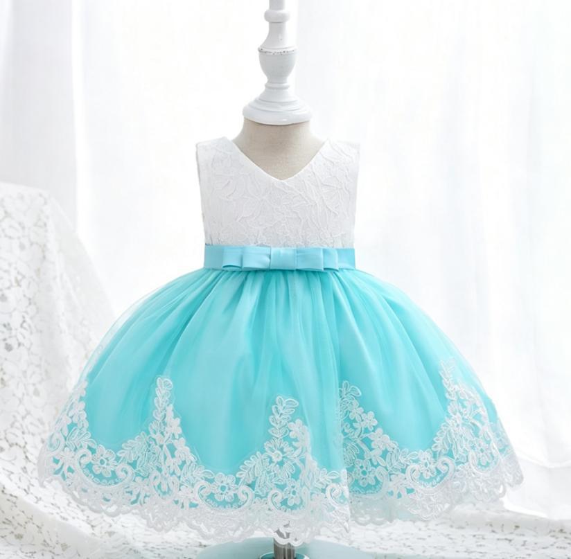 Children's Lace Color Block Birthday Bow Dress