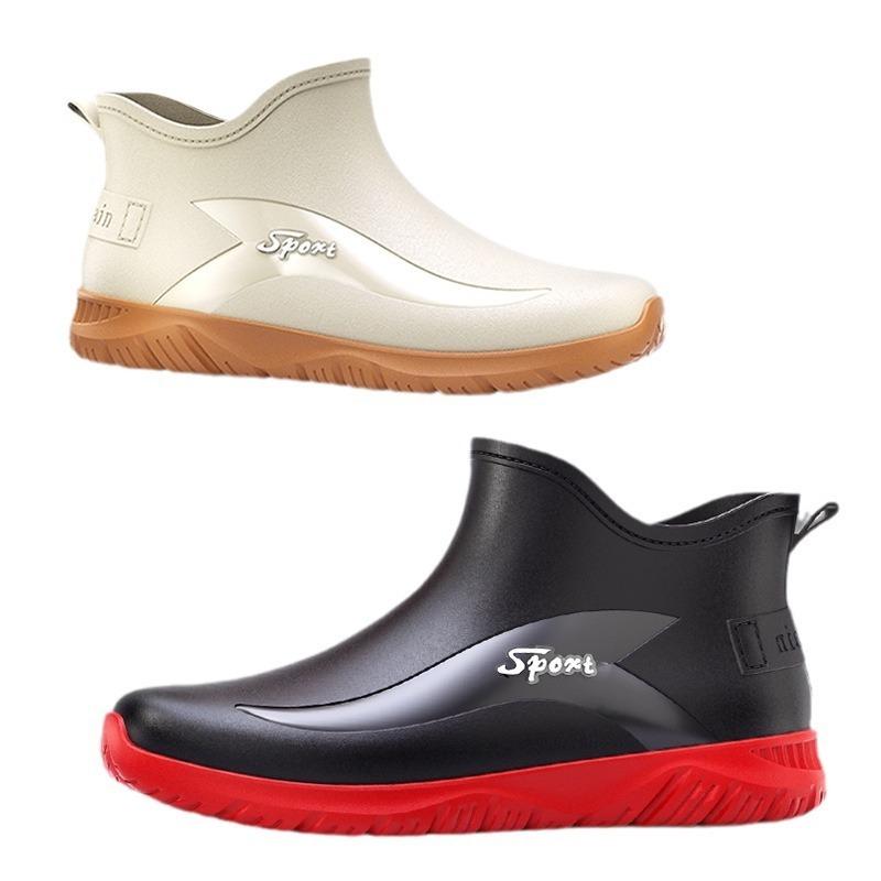 Black and red flat heel waterproof rubber shoes men's rain shoes fashion outdoor rain boots rider wading boots men's rubber shoes