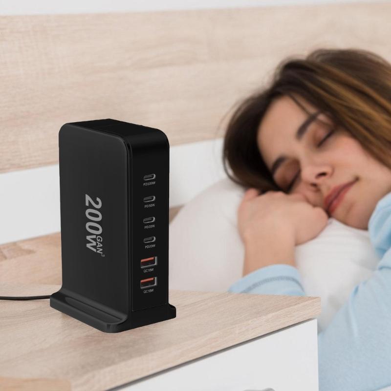 USB C Ladegerät 200W Schnellladegerät Block 6 Port Ladestation Ziegelstein Laptop-Ladegerät 2 USB + 4 Typ C für Reisen Zuhause