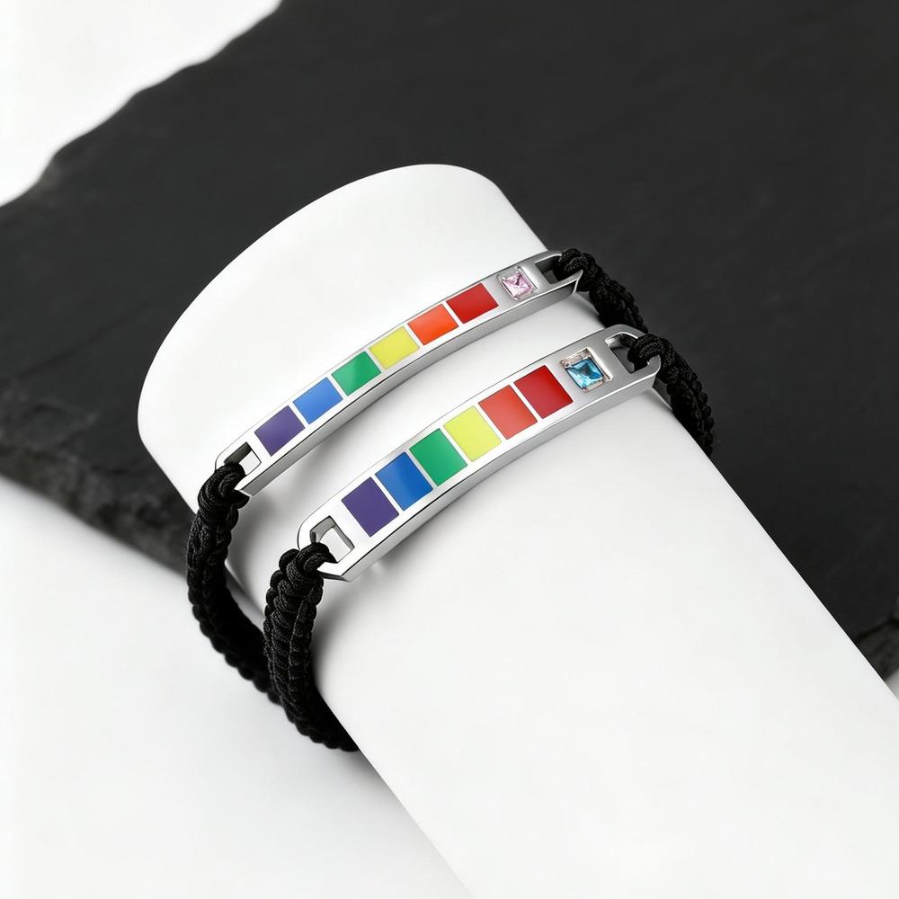 Rainbow Pride Bracelets for Gay Lesbian,Waterproof Rainbow Flag Stainless Steel Long Bar Leather Wristband,LGBTQ Pride Month