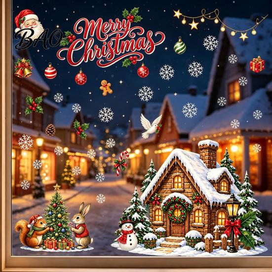 Seasonal Glass Surface Stickers Christmas Window Clings, Snowy Village House Xmas Tree Squirrel Rabbit Outdoor Balcony Sticker, Double-Sided