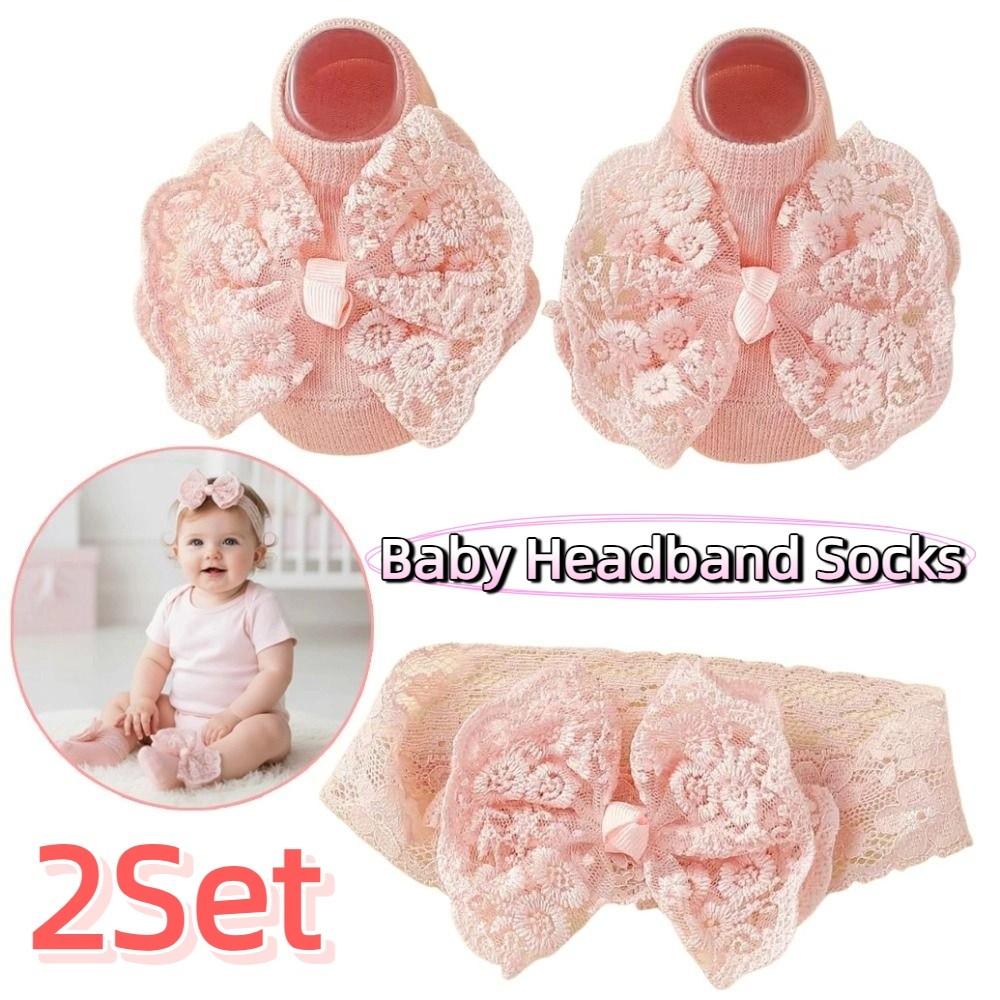 2Set Lace Bow Baby Headband Socks Set Soft Elastic Hair Band Anti Slip Socks  0-12 Months