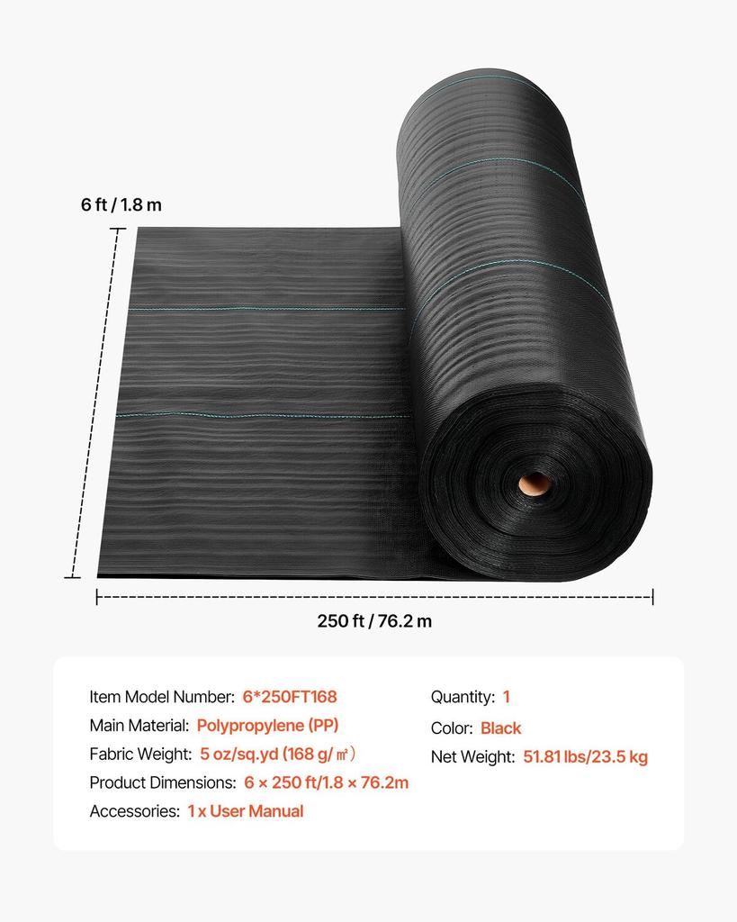 Weed Barrier Fabric Heavy Duty, 1.8x76.2m 141.7g Landscape Fabric, Woven Weed Blocker Fabrics, Garden Fabrics Weeds Barrier, Weeds Control Ground