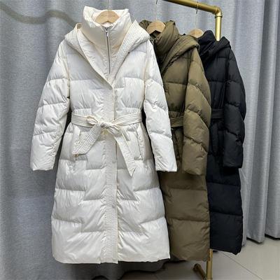 Casaco feminino inverno outono com capuz branco pato para baixo casaco solto longo cor sólida bolso grande cinto cintura para baixo casaco